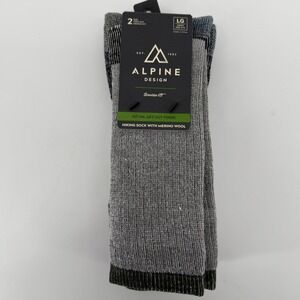 Alpine Design Mens 2 Pack Merino Wool Blend Hiking Crew Socks Black Gray LG 8-12